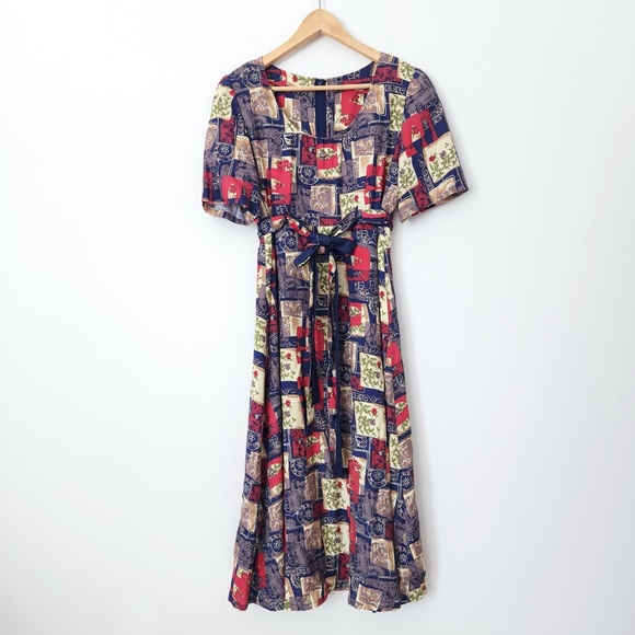 Vintage Dresses & Skirts - Vtg Patchwork Midi Dress Handmade Belted Blue Red Large 80s Does 50s Modest